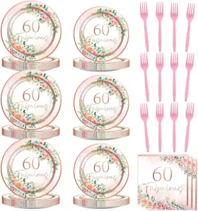 Mg0146 Obusatt 96pcs 60th Birthday Party Supplies Rose Gold Plates Napkins Serves 24 Women