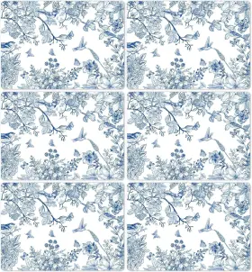 Mg0271 Obusatt Blue Floral Placemats Set Of 6 Flower Bird Plastic Table Mats 17x13inch