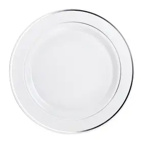 Occasions Finest Plastic Tableware 688948655256 40-pack Ft White And Silver Rim Disposable Charger Plates For Weddings Events