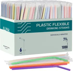 Official 313111711766 1000 Count Colorful Flexible Plastic Drinking Straws Individually Wrapped Disp