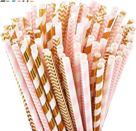 Official 313112734788 Biodegradable Paper Straws 100 Pink And Gold For Party Supplies Birthda