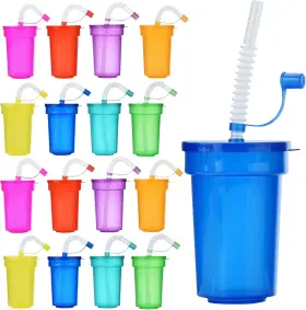 Official 445001556539 Plastic Kids Party Cups With Lids And Straws 16pcs 12 Oz Neon Sipper Colo