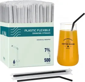 Official 445040275200 500 Count Black Plastic Flexible Drinking Straws Individually Wrapped D