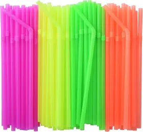 Official 445041764772 200-pack Neon Colored Plastic Flexible Straws 0.23 Inch X 7.75 Disposable Bendy Dr