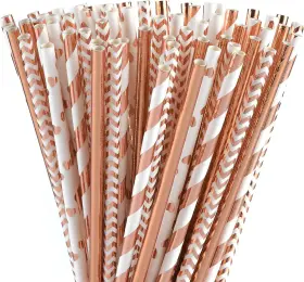 Official 726084423657 Biodegradable Rose Gold Paper Straws Bulk Pack Of 100 Metallic Foil Striped/wav Official 726084423657 Biodegradable Rose Gold Paper Straws Bulk Pack Of 100 Metallic Foil Striped/wav