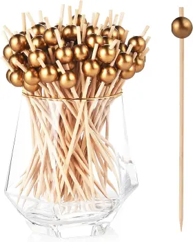 Official 744110042962 100-pack Cocktail Picks Gold Pearl Fancy Toothpicks For Appetizers Wooden Food