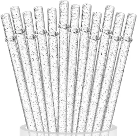 Official Al-13in 12 Pajitas Reutilizables De Plastico Transparente Con Purpurina Extra Largas