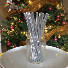 Al100sps Official Metallic Silver Paper Straws Biodegradable Disposable Party Drinking Straw F
