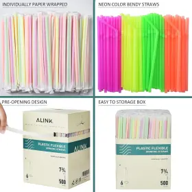 S32t-hd733 Official 500 Count Neon Plastic Flexible Drinking Straws Individually Wrapped