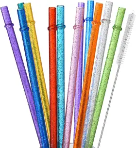 Straw-11in Official 12-pack Reusable Plastic Glitter Straws 11 Inch Long Colorful Hard Tumbler