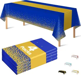 Ohome 445003785722 4 Pack Royal Blue And Gold Disposable Plastic Tablecloths 54 Inch X 108 For Parties