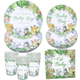 2su1027-2900 Oigco Jungle Safari Baby Shower Decorations Tableware Set Serves 24 Green Animals P