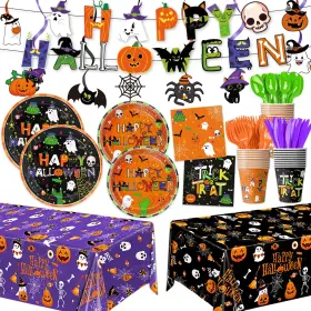 5su1030-2486 Oigco 179 Pcs Halloween Party Supplies - Plates Napkins Cups Banner Hanging Swirls