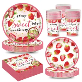 Strawberry-96-01 Oigco 96pcs Strawberry Baby Shower Decorations A Berry Sweet Plates Napkins Pa