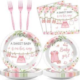 Ojustbeok 313035444412 96pcs Floral Baby Girl Shower Plates And Napkins Decoration Pink Party