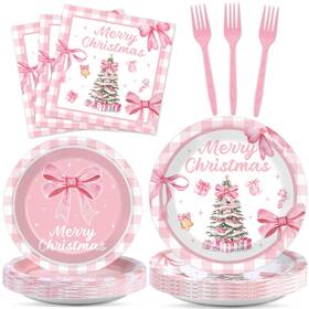 Ojustbeok Ok0568 96pcs Pink Christmas Tree Party Decorations Bow Plates And Napkins