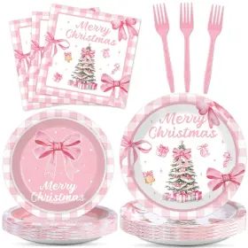 Ok0568 Ojustbeok 96pcs Pink Christmas Tree Party Decorations Bow Plates And Napkins