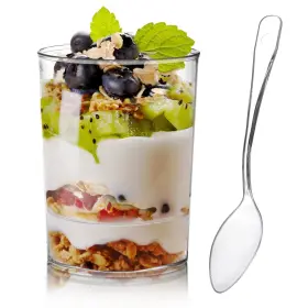 O-minidessertcups-100pc-r Okllen 100 Pack Mini Dessert Cups With Spoons 3 Oz Round Shot Plastic D