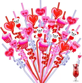 Okrostoy 768558621107 24 Pcs Valentines Drinking Straws Reusable Red Love Heart One Size 24pack