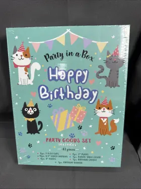 Old East & Main 190744835546 Cat Party Goods In A Box 43 Pcs Banner Candle Plates Cups Sealed Table Cover New