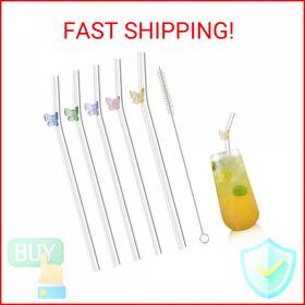Olpchee 721353796012 5 Pcs Reusable Straws Clear Glass Colorful Butterfly Design Size