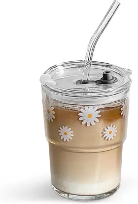 Zj01 Olvini 13oz Glass Tumbler With Straw And Lid Reusable Iced 13 Ounces Daisy