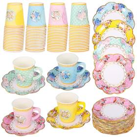 Omistar Fptc00901 192 Pcs Floral Paper Tea Cups With Handle Pink Disposable Saucers