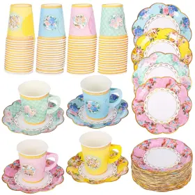 Fptc00901 Omistar 192 Pcs Floral Paper Tea Cups With Handle Pink Disposable Saucers