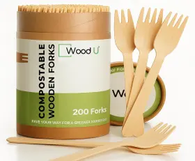 43219-67129 One White Apple Disposable Wooden Forks By Woodu 100% All-natural Eco-friendly Biodegradable