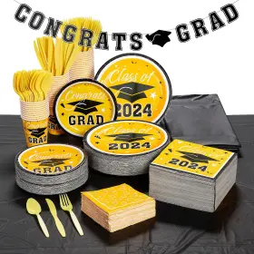 Oriental Trading 197640355833 Bulk 467 Pc. Yellow 2024 Graduation Disposable Tableware Kit For 50 Guests