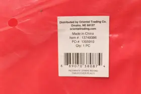 13749386 Oriental Trading Co Stripe Round Tablecover Plastic Red/white