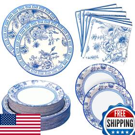 Osonm B0cl6x7y79 180pc Blue White Floral Party Supplies Set - Plates And Napkins For 60 Guests