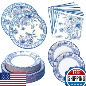 B0cl6x7y79 Osonm 180pc Blue White Floral Party Supplies Set - Plates And Napkins For 60 Guests