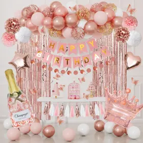 Sku-020-1 Ouddy Party Rose Gold Birthday Decorations Kit Balloons Banners Confetti Tassels