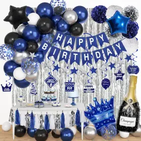 Sku-021-1 Ouddy Party Blue Birthday Decorations For Men Boys Silver Fringe Cur