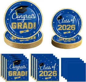 Oumuamua 711181967074 2026 Graduation Party Supplies Tableware Set - 200 Pcs Blue Gold Plat
