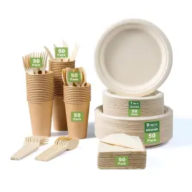 09621 Outdoor Time 350 Pieces Compostable Disposable Plates For 50 Guests Biodegradable