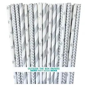 Outside The Box Papers 680474390991 Silver Stripe Chevron And Star Paper Straws 7.75 Inches 75 Pack White