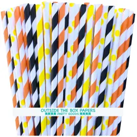 Outside The Box Papers 687077611744 Construction Theme Striped And Polka Dot Paper Straws 7.75 Inches 100 Pack