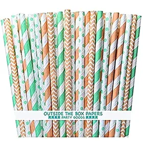 Outside The Box Papers 687077612079 Peach And Mint Green Chevron Polka Dot Striped Paper Straws 7.75 Inches 1