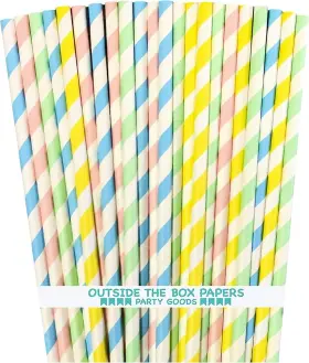 Str-0102 Outside The Box Papers Pastel Stripe Easter Paper Straws 7.75 Inches Blue Pink Yellow Mint Green