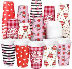 Iccoayq2750 Ovveroche 100 Pack Valentines Day Disposable Cups 16 Oz Pink Red Hearts Bear Stripe Coffe