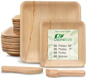Ozone Safe 196852741991 Ozonesafe 150 Pcs Palm Leaf Plates Set Inch 25 X 10 And 7 Square