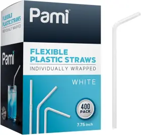 04800 Pami Flexible Plastic Bent Straws Individually Wrapped Pack Of 400 - 7.75 Inch Wh