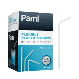 Pami 381416048009 Flexible Plastic Bent Straws Individually Wrapped Pack Of 400 - 7.75 Inch Whit