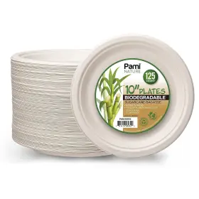 Pami 381416080320 100% Biodegradable Sugarcane Plates Pack Of 125 10ftft Natural Compostable Dinne