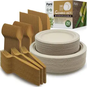 Pami 381416082003 250-piece Compostable Dinnerware Set Biodegradable Sugarcane Plates Cutlery