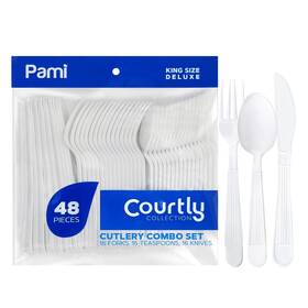Pami 381416082317 Heavy Duty White Plastic Cutlery Set 48 Pieces 16 Forks Knives Teaspoons