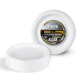 Pami 879664008710 Pack Of 100 9 Inch White Plastic Dessert Plates Heavy Duty Microwavable Disposab