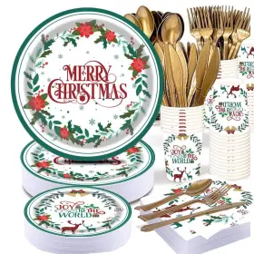 Pammyan 733557992336 Merry Christmas Disposable Plate - Holiday Poinsettia Flower Disposab